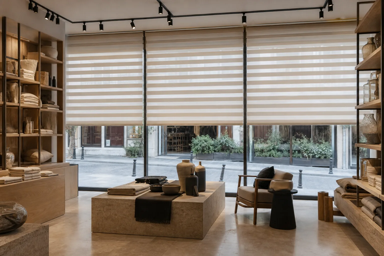 Ahşap raflı mağazanın geniş vitrinlerinde bej ve beyaz şeritli zebra perdelerden süzülen gün ışığı