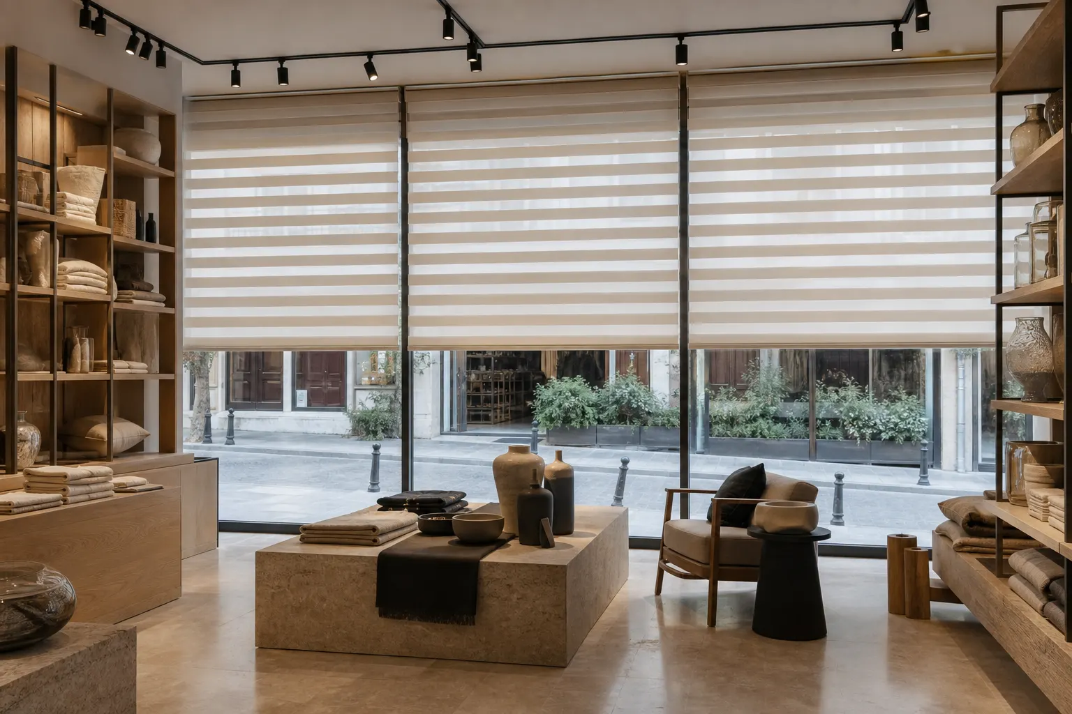 Ahşap raflı mağazanın geniş vitrinlerinde bej ve beyaz şeritli zebra perdelerden süzülen gün ışığı