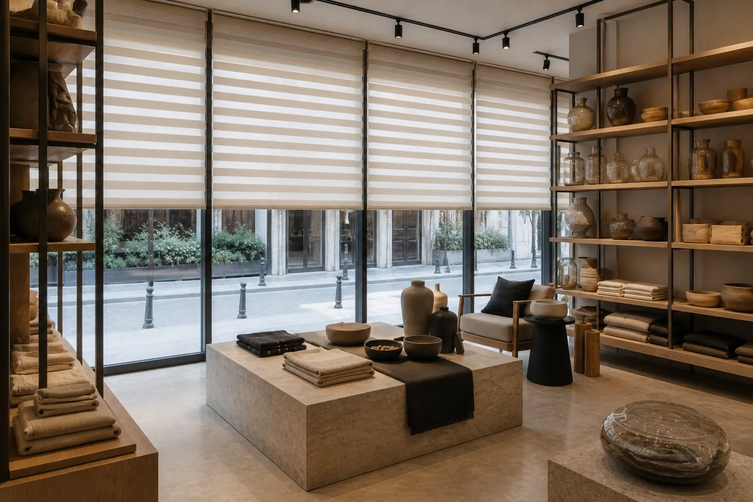 Seramik ve tekstil ürünlerinin sergilendiği mağazada sıralı bej zebra perdeler ve yumuşak gün ışığı